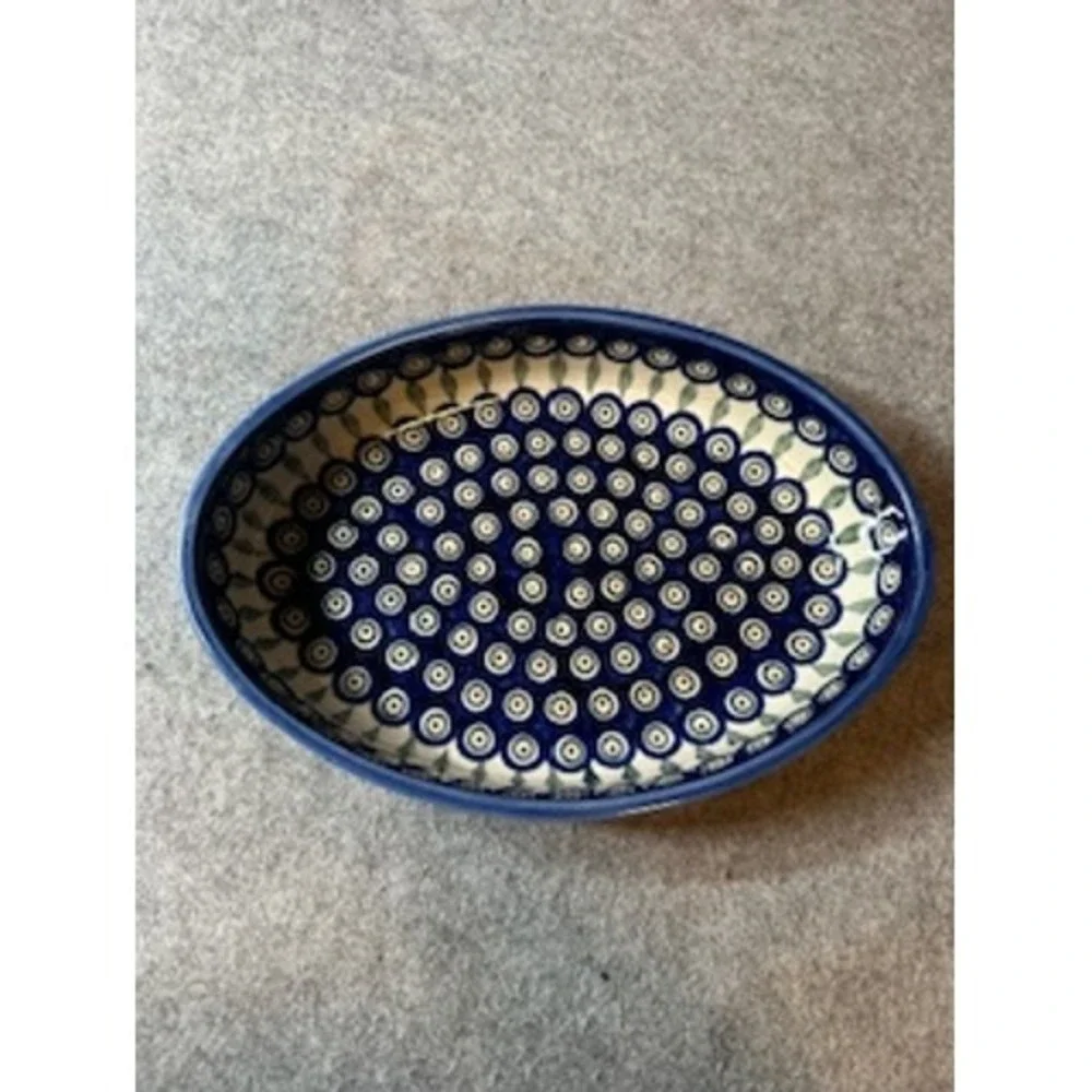 Boleslawiec Polish Pottery Peacock Eye Oval Serving Bowl 12 Inch Hand Made